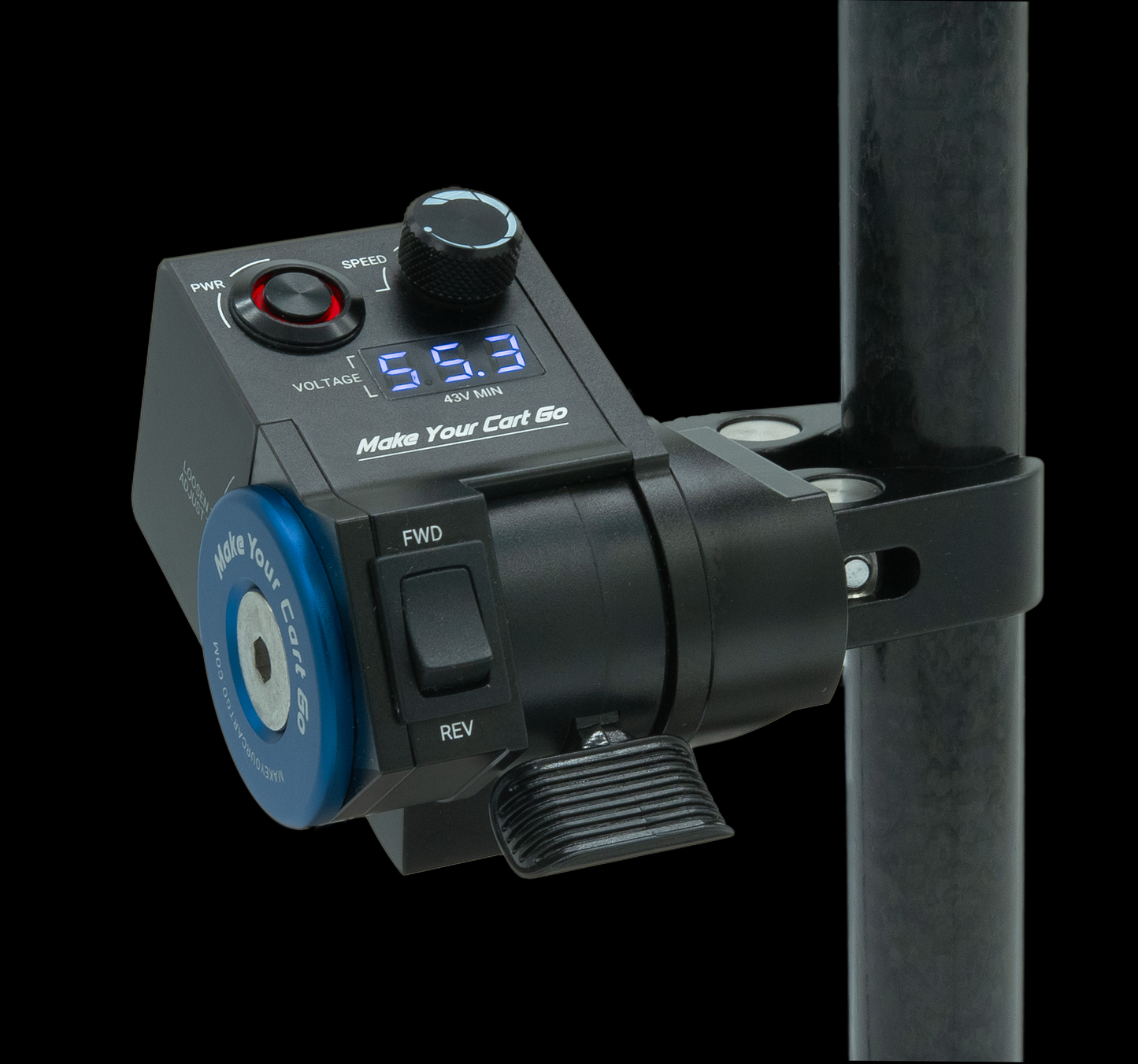 A black motorized cart throttle with a digital display, speed knob, and additional control buttons mounted on a metal rod.