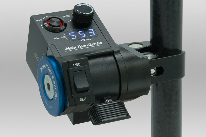 A black motorized cart throttle with a digital voltage display, speed knob, and power switch